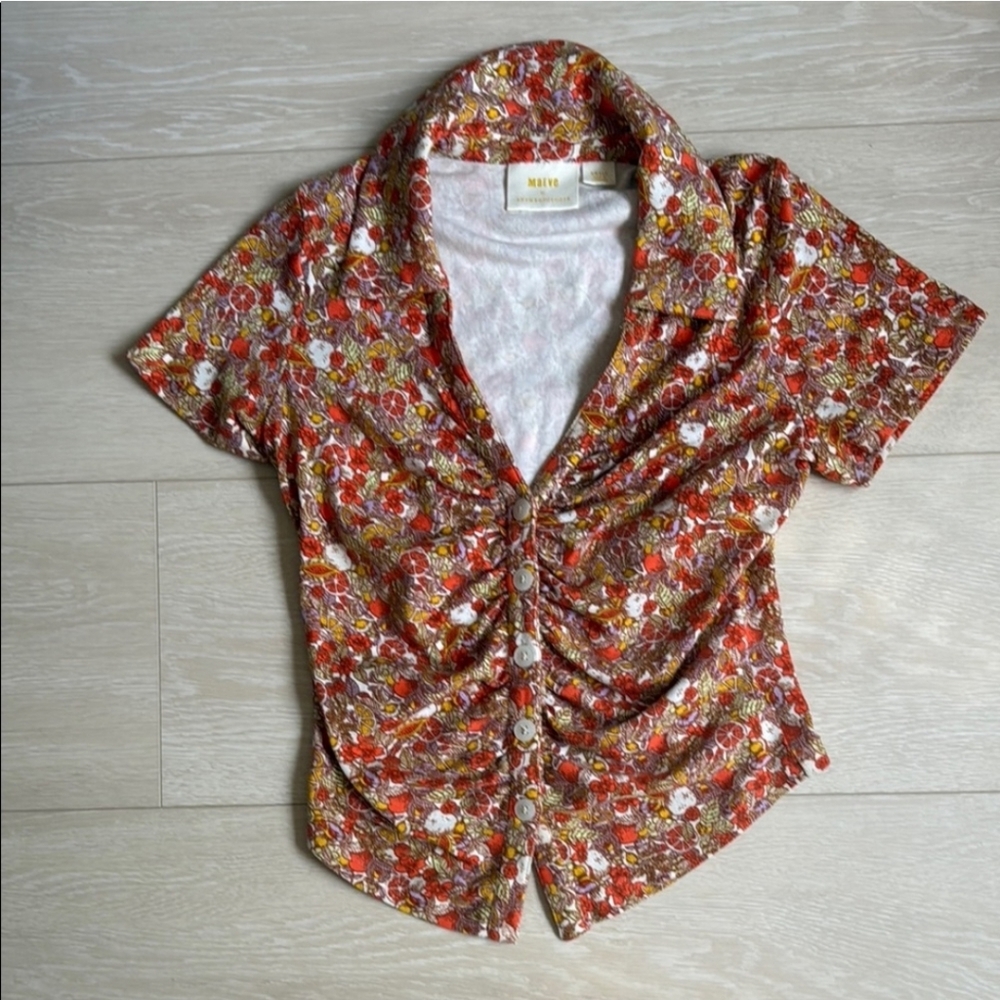Maeve by Anthropologie Citrus Fruit Printed Button Front Ruched Blouse Size S - Picture 2 of 7